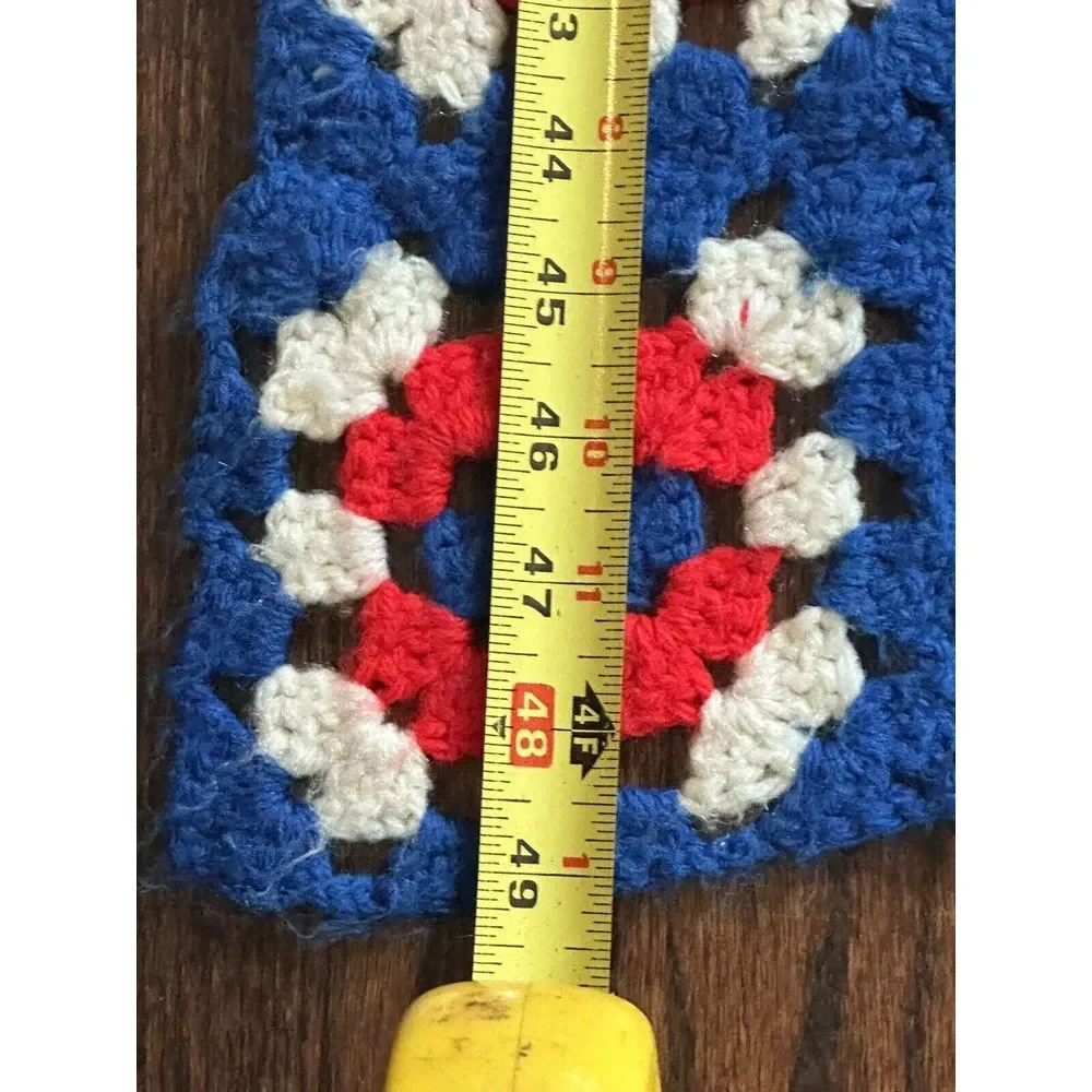 Vintage Hand Crocheted Granny Rectangle Red White & Blue‎ Afghan Blanket 49x36